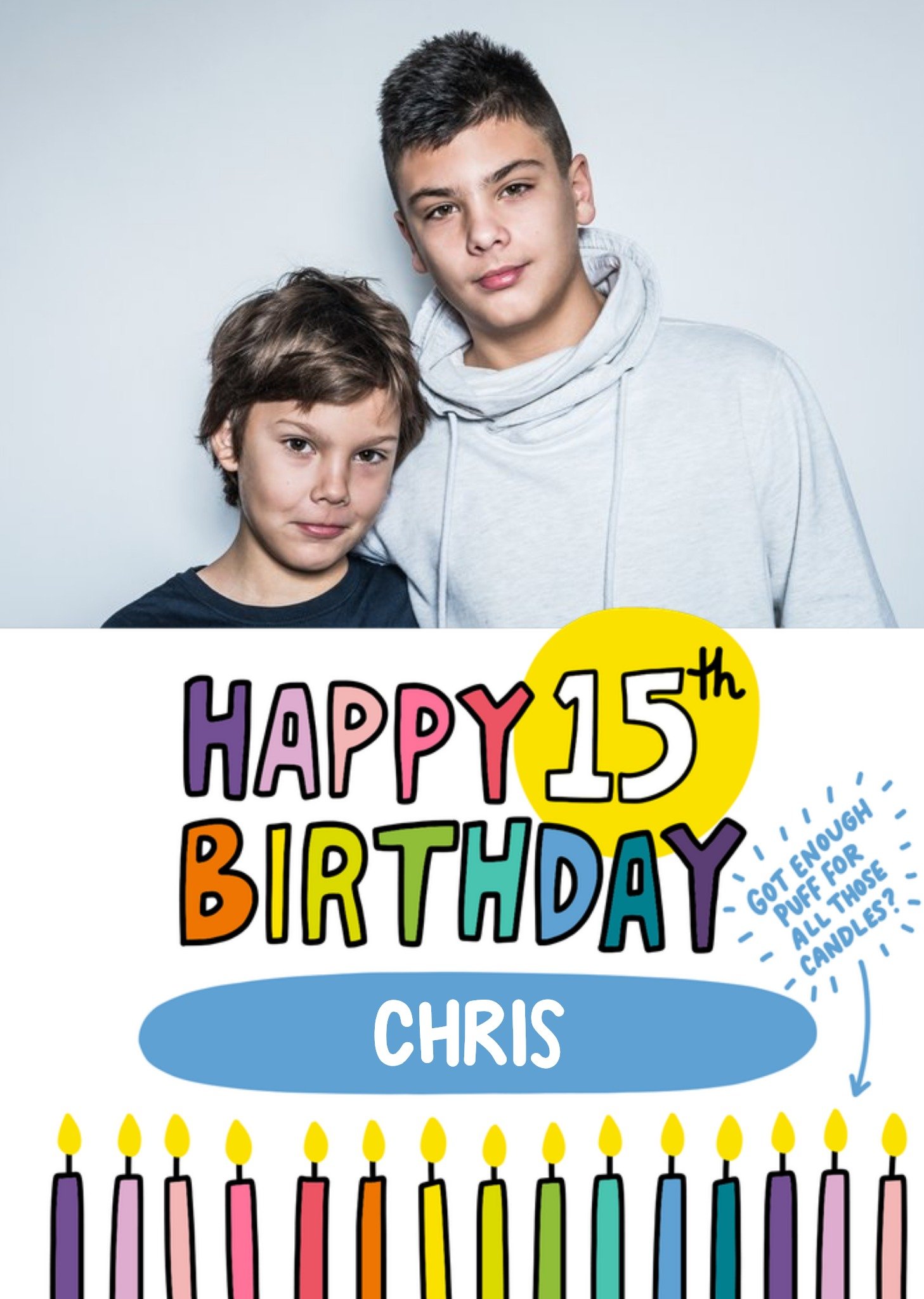 Moonpig Vibrant Typography And Colourful Candles Fifthteenth Birthday Photo Upload Card