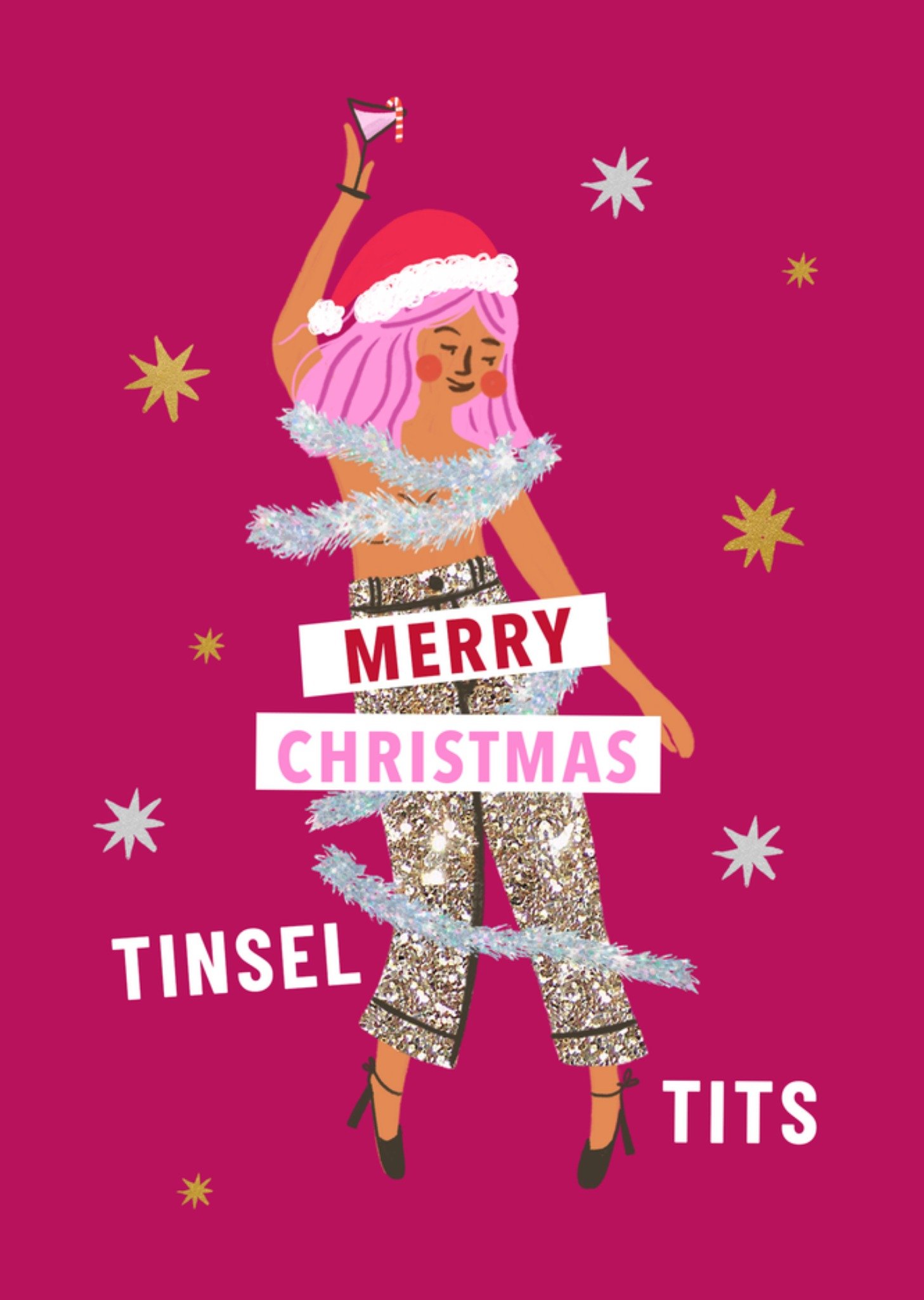 Moonpig Merry Christmas Tinsel Tits Illustrated Card