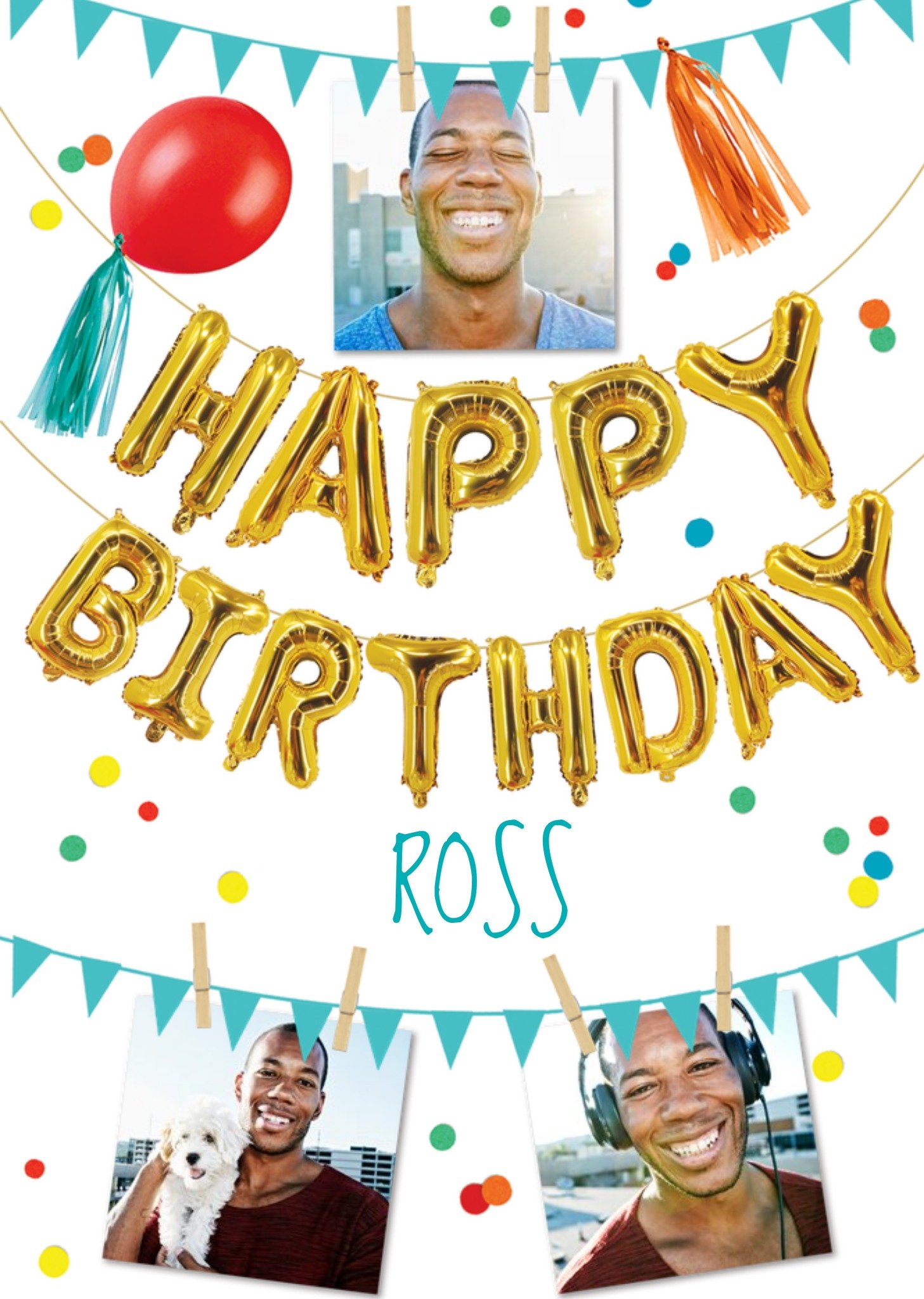 Moonpig Bright Fun Gold Balloons And Bunting Happy Birthday Photo Upload Card