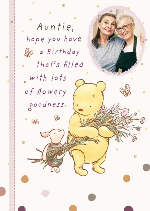 Flowery Goodness Disney Winnie The Pooh Illustrated Photo Upload Auntie Birthday Card