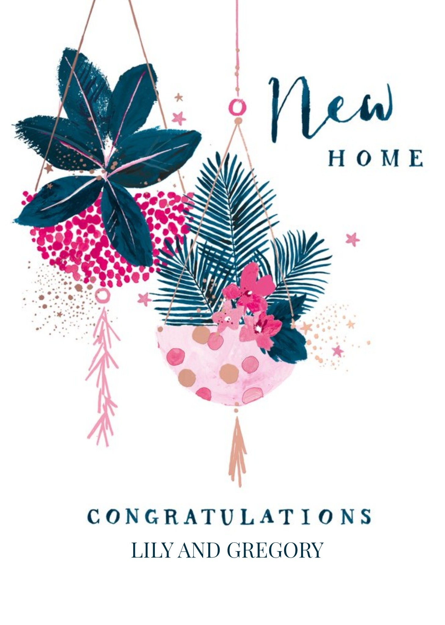 Moonpig Hotchpotch Pink And Blue Illustrated Watercolour House Plant New Home Card