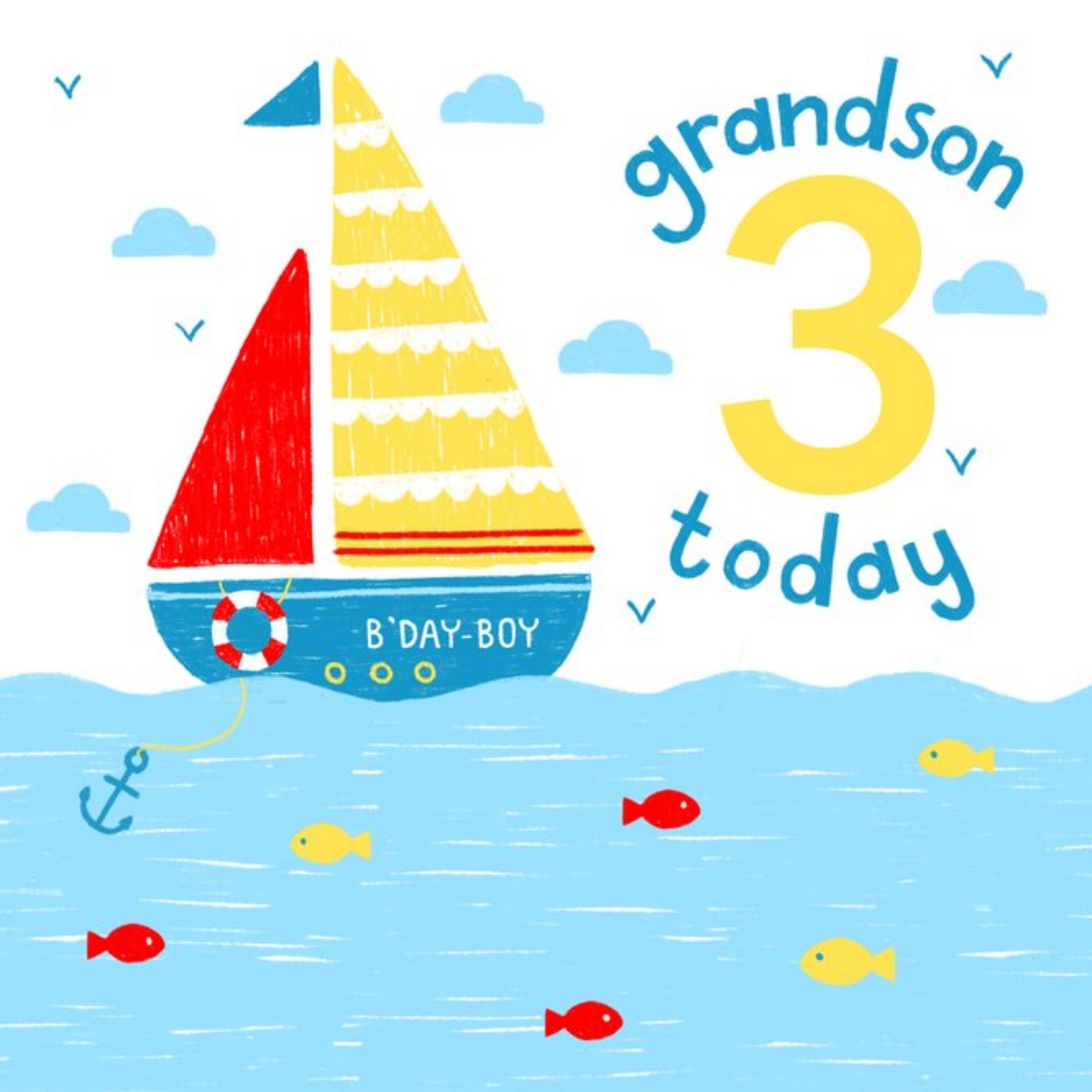 Moonpig Cute Illustration Sailing Boat Grandson 3 Today Birthday Card