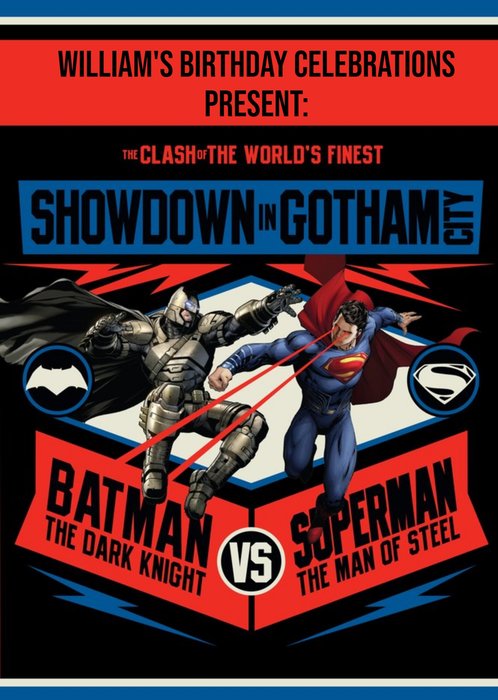 Superman And Batman Showdown In Gotham City Personalised Happy Birthday Card