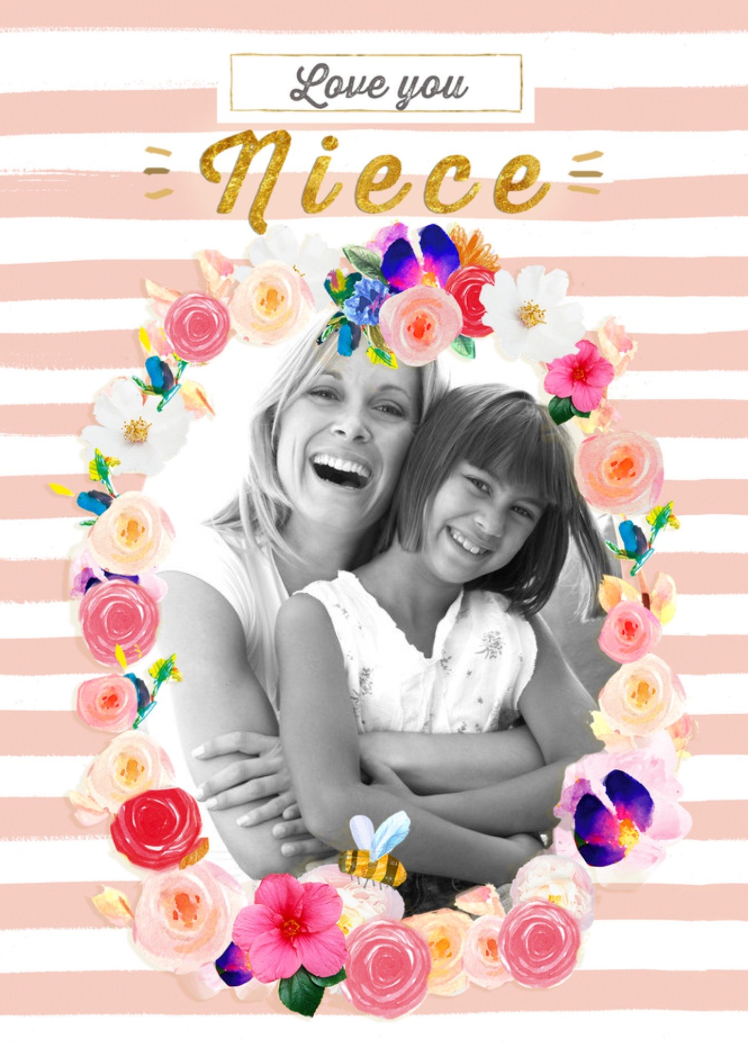 Moonpig Stripes And Flower Border Personalised Photo Upload Birthday Card For Niece