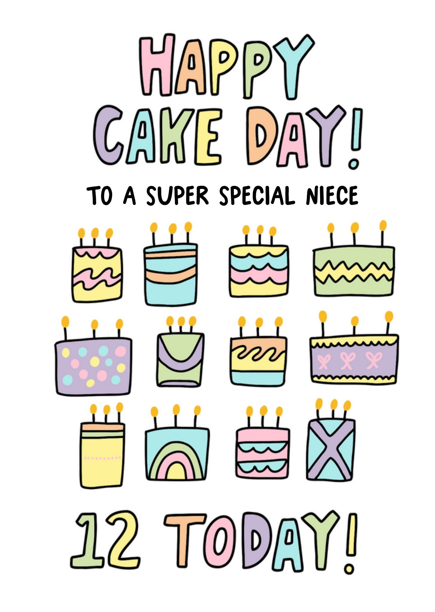 Moonpig Angela Chick Happy Cake Day 12 Today Illustrated Colourful Birthday Cakes Card, Large