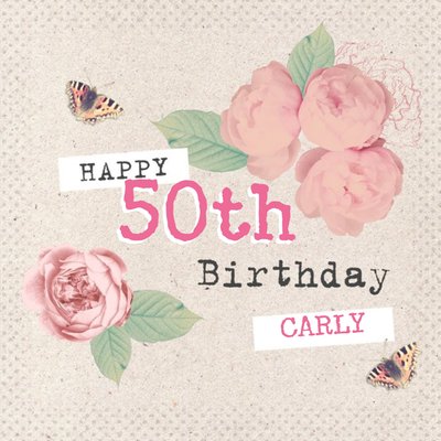 Cream With Roses Personalised Happy 50th Birthday Card