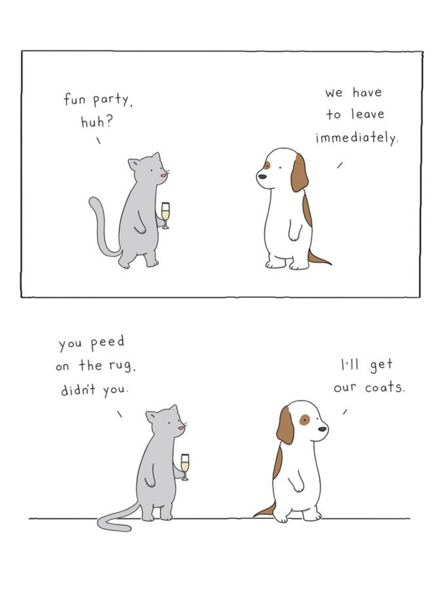 Moonpig Modern Funny Illustration Cat Dog Party Peed On The Rug Card