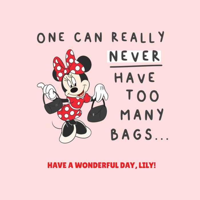 Disney Minnie Mouse Never Have Too Many Bags Birthday Card