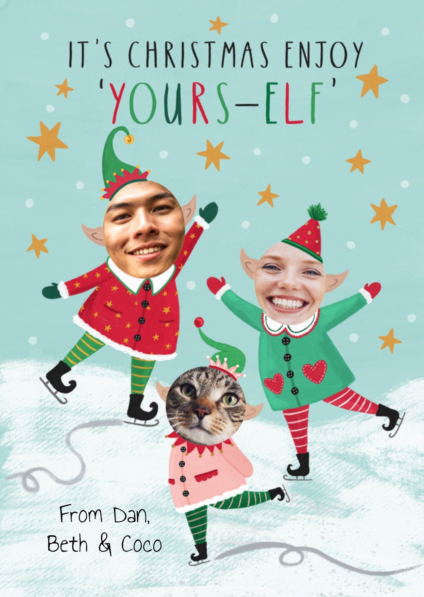 Moonpig Cheery Illustrated Family Of Elves Ice Skating Photo Upload Christmas Card