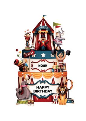 Illustration Of A Giant Circus Cake Surrounded By Various Circus Acts Personalised Birthday Card