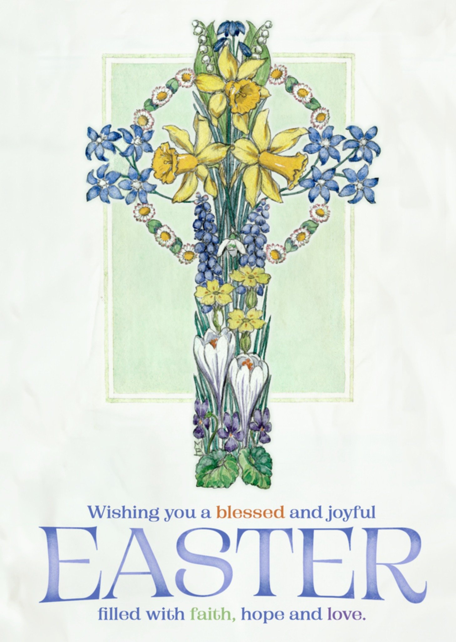 Moonpig Traditional Painted Floral Christian Cross Easter Card Ecard
