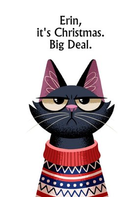 Folio Illustration of a frowning cat wearing a Christmas jumper personalised card.