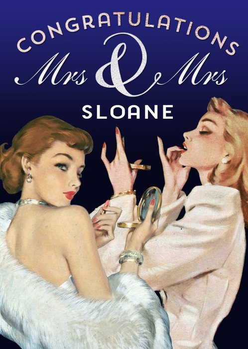 Congratulations Mrs & Mrs - same sex couple lesbian gay Retro illustration wedding card