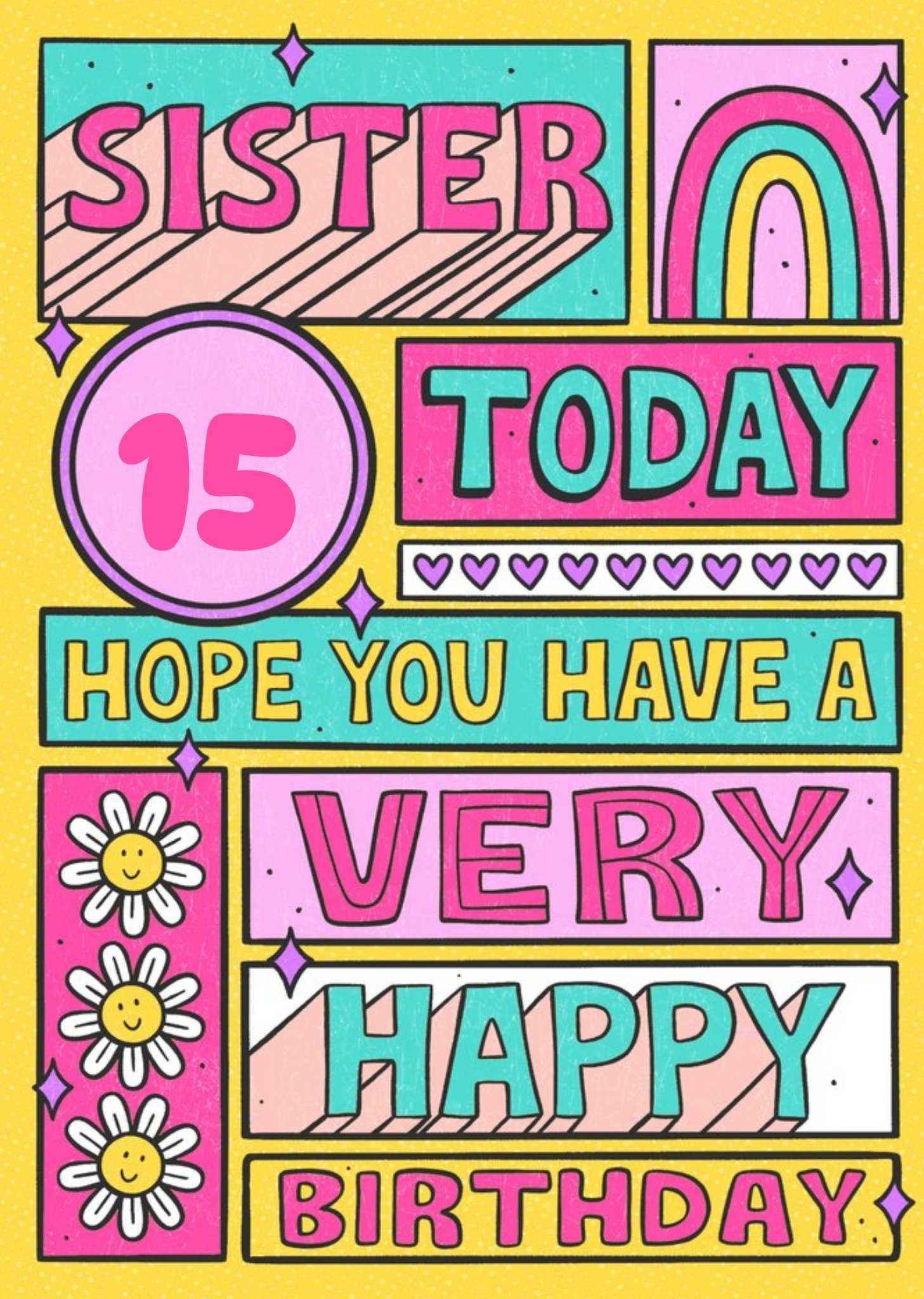 Moonpig Bright Graphic Typographic Icons Sister 15 Today Photo Upload Birthday Card