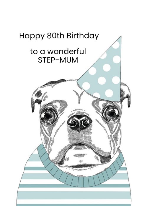 Cute Dog Illustration Step Mum 80th Birthday Card