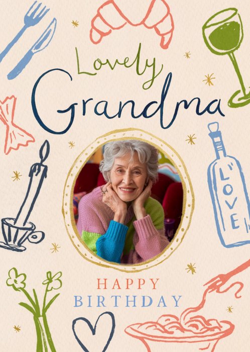 Lovely Grandma Minimalist Illustrated Photo Upload Birthday Card