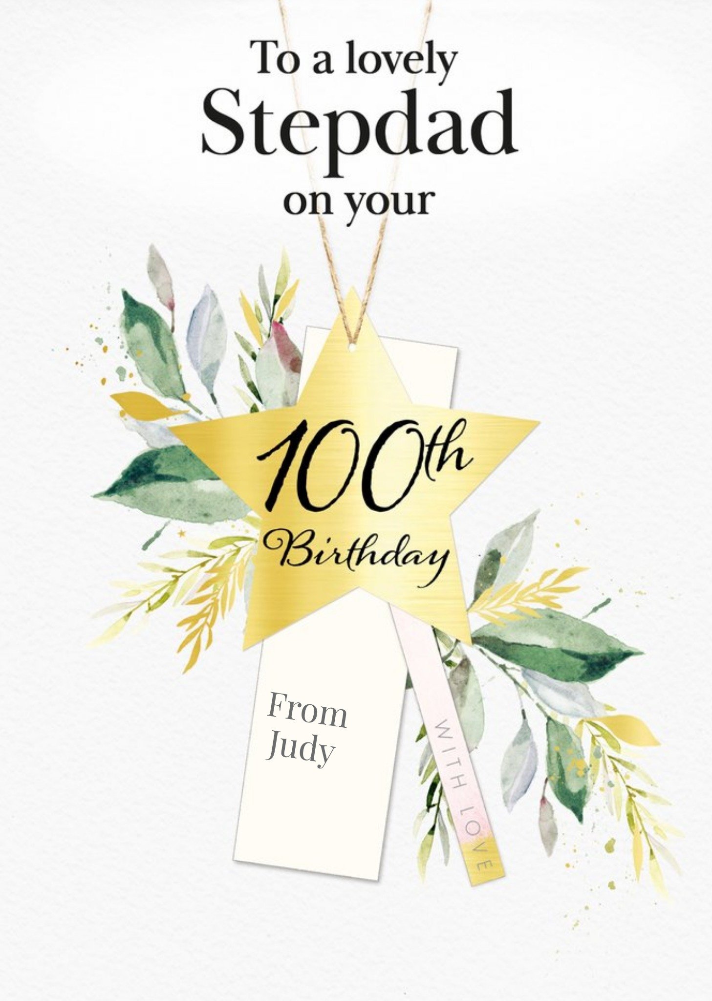Moonpig Floral Illustration With A Star Shaped Tag Stepdad's One Hundredth Birthday Card