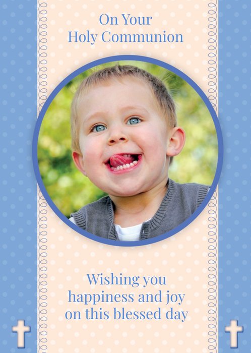 Cream And Blue Personalised Photo Upload Holy Communion Card