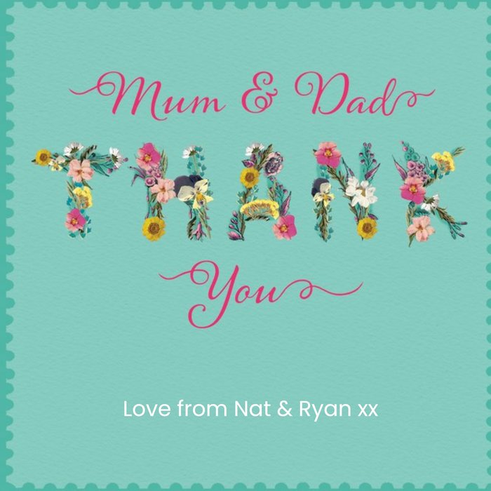 Illustration Of Floral Lettering On A Teal Background Thank You Mum And Dad Card