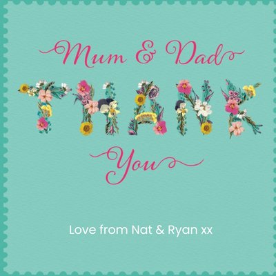 Illustration Of Floral Lettering On A Teal Background Thank You Mum And Dad Card