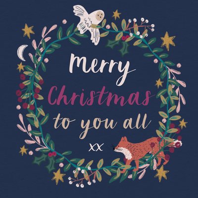 Merry Christmas To You All Typography Illustrated Christmas Wreath Card
