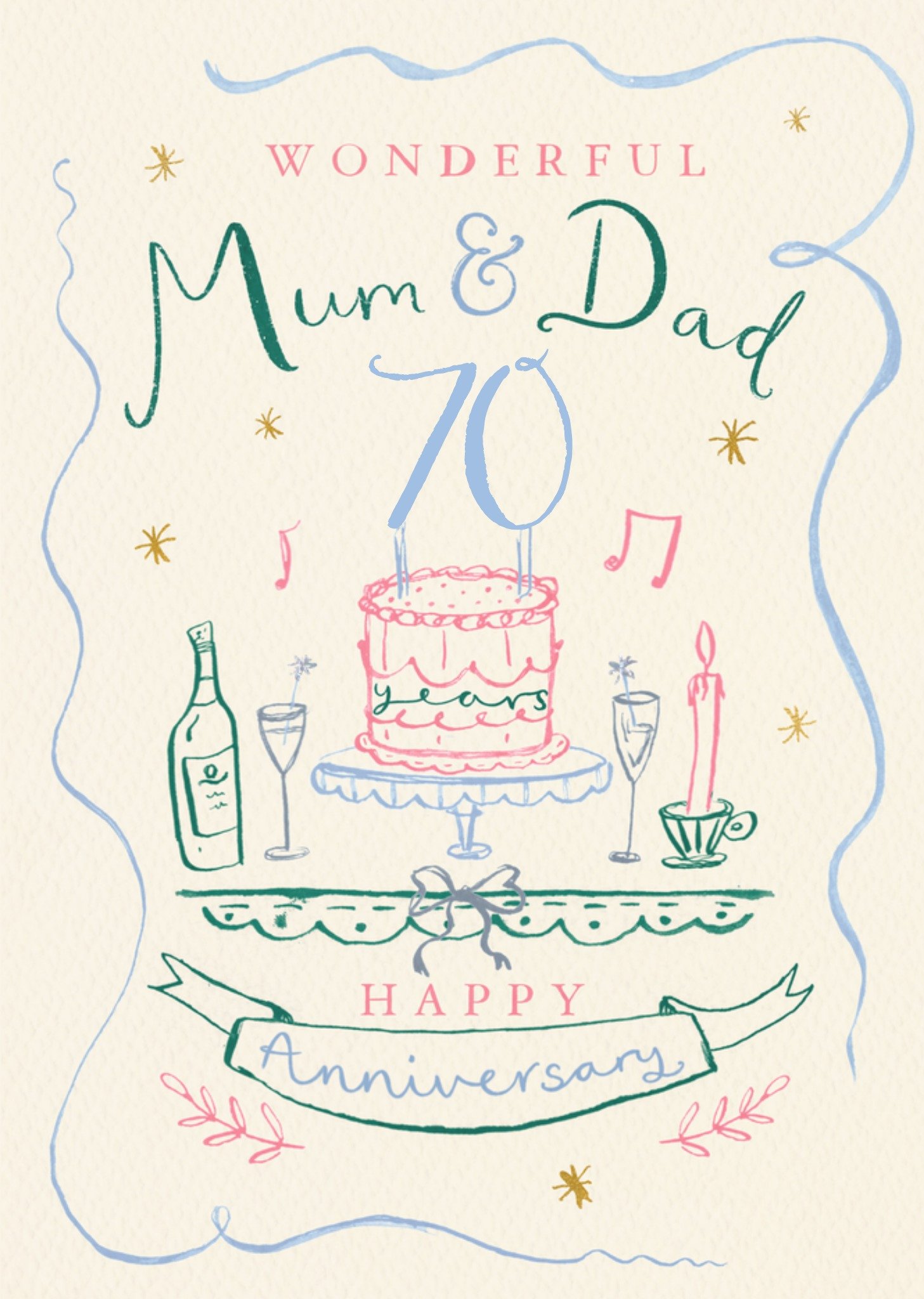 Moonpig Wonderful Mum And Dad 70 Years Happy Anniversary Illustrated Card