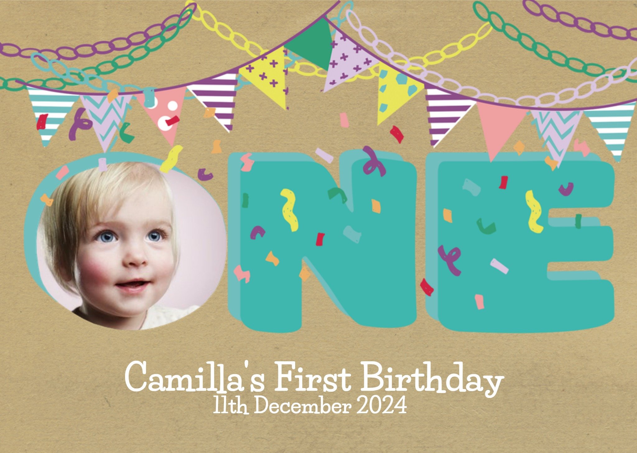 Moonpig Colourful Bunting Photo Upload 1st Birthday Party Invitation