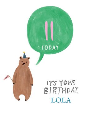 Illustration Of A Bear In A Party Hat Eleventh Birthday Card