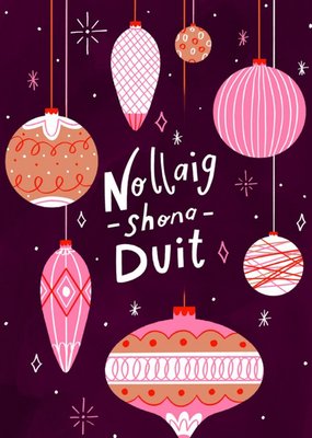 Purple Illustrated Baubles Irish Christmas Postcard