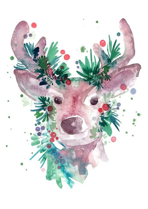 Beautiful Reindeer With Holly Watercolour Illustration Christmas Card