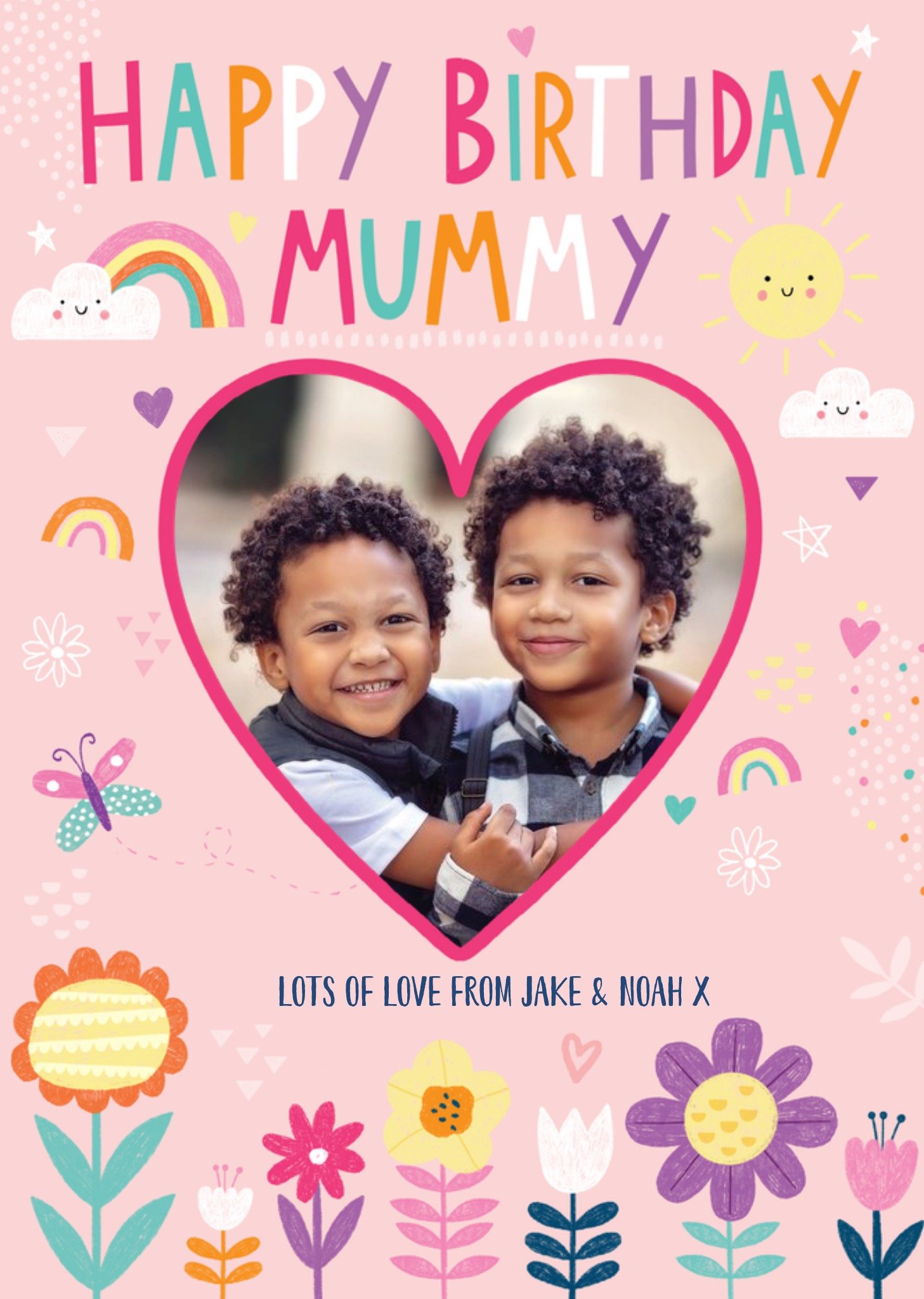 Moonpig Happy Birthday Mummy Moon Flowers Rainbows Sunshine Butterflies Photo Upload Birthday Card