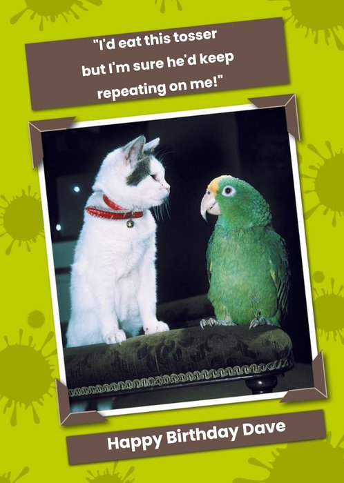 Kitty And Green Parrot Caption Personalised Happy Birthday Card