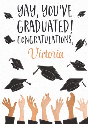 Illustrated mortarboards being thrown in the air. Yay, you've graduated card