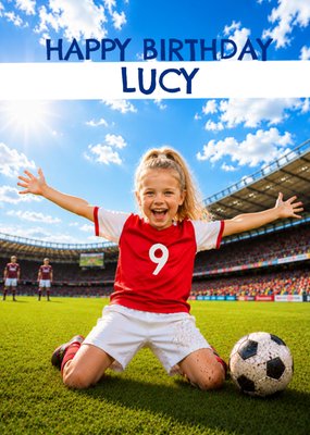 Celebrating Girl Football Player In Red Shirt Face Swap Birthday Card