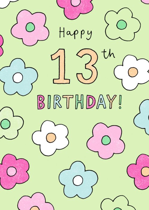 Fun Pastel Floral Doodles 13th Birthday Card