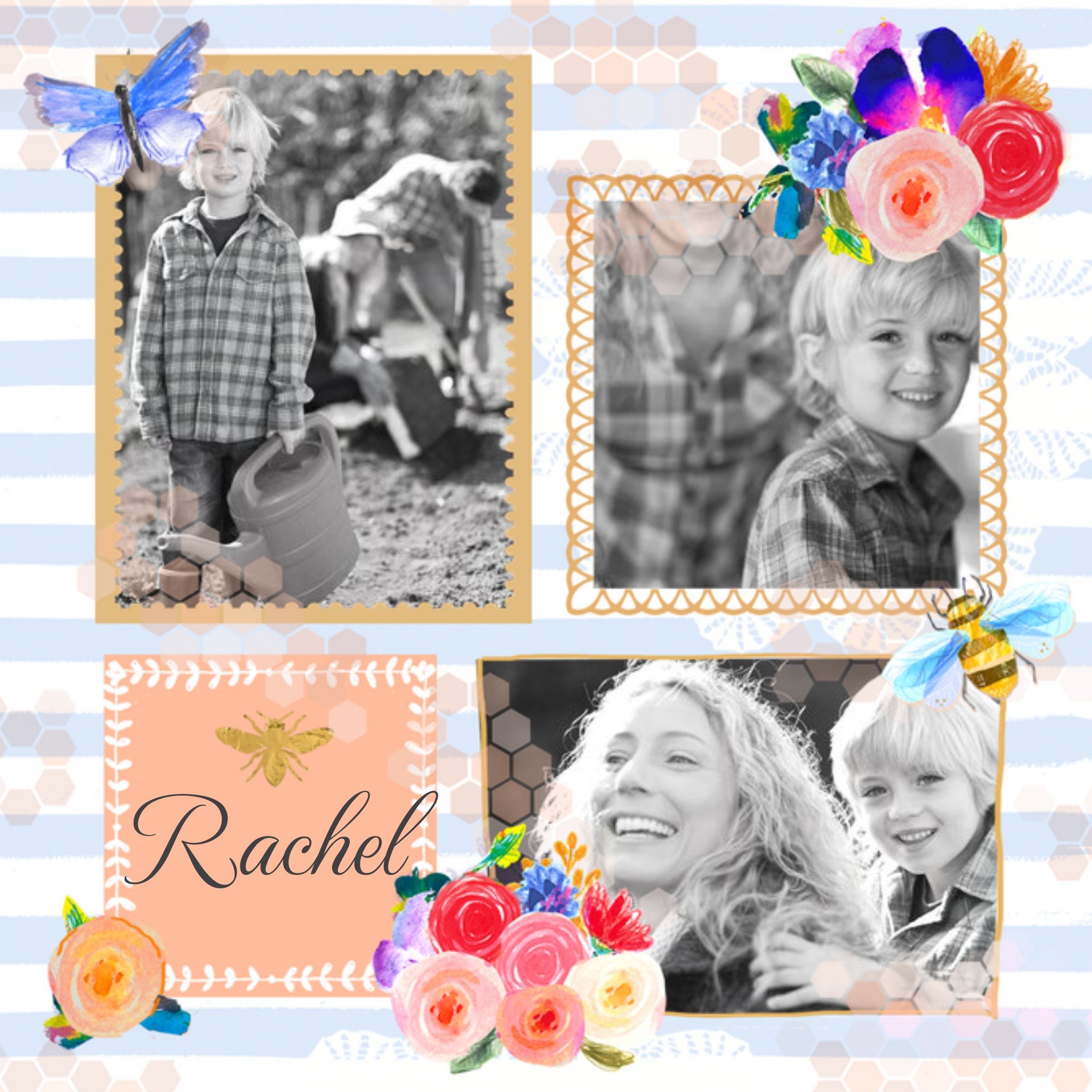 Moonpig Stripes, Flowers And Golden Frames Personalised Photo Upload Birthday Card
