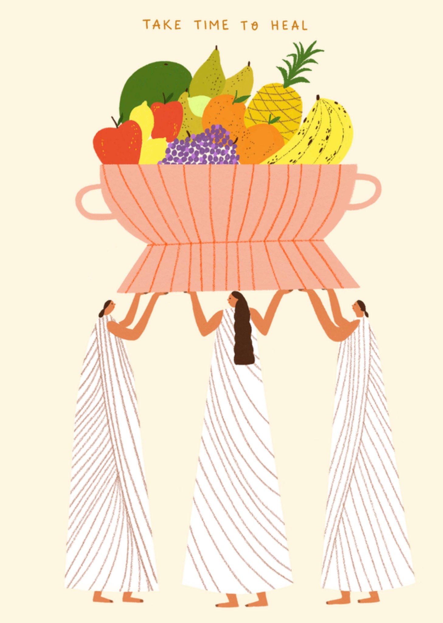 Moonpig Take Time To Heal Illustrated Ladies Holding Fruit Basket Get Well Card