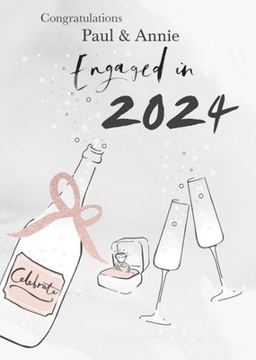 Illustration Of A Bottle Of Wine Glasses And An Engagement Ring Engagement Card