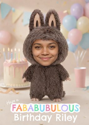 Cute Trendy Bunny Costume Soft Toy Face Swap Birthday Card