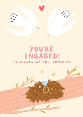 You're Engaged Illustrated Lovebirds Nest With Ring Diamond Engagement Card