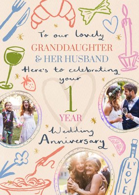 Lovely Granddaughter And Her Husband 1 Years Wedding Anniversary Illustrated Photo Upload Card