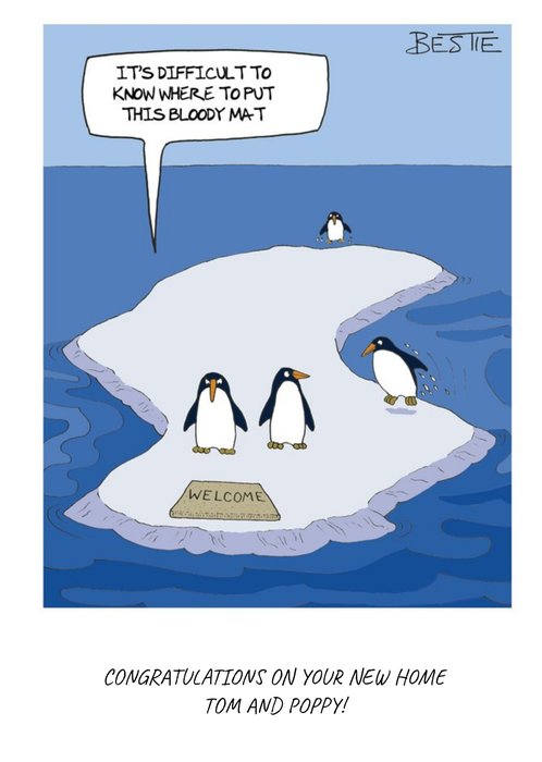 Penguins Difficulties Funny Personalised New Home Card