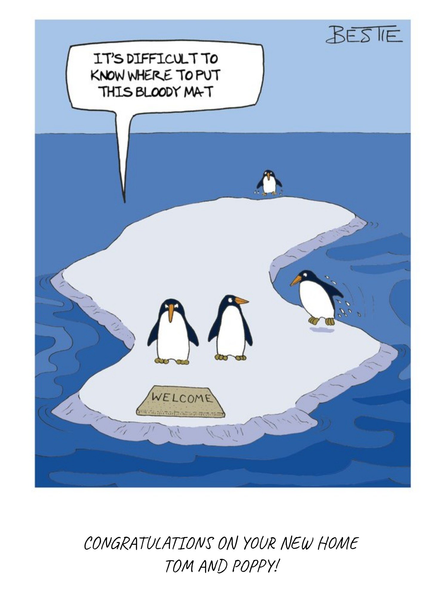 Moonpig Penguins Difficulties Funny Personalised New Home Card