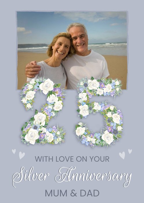 Floral Number Twenty Five Arrangement With Photo Frame Silver Anniversary Photo Upload Card 