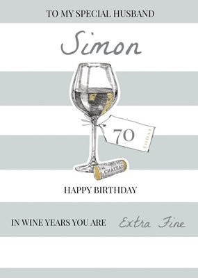 Illustration Of A Glass Of Wine On A Striped Background Husband's Seventieth Birthday Card