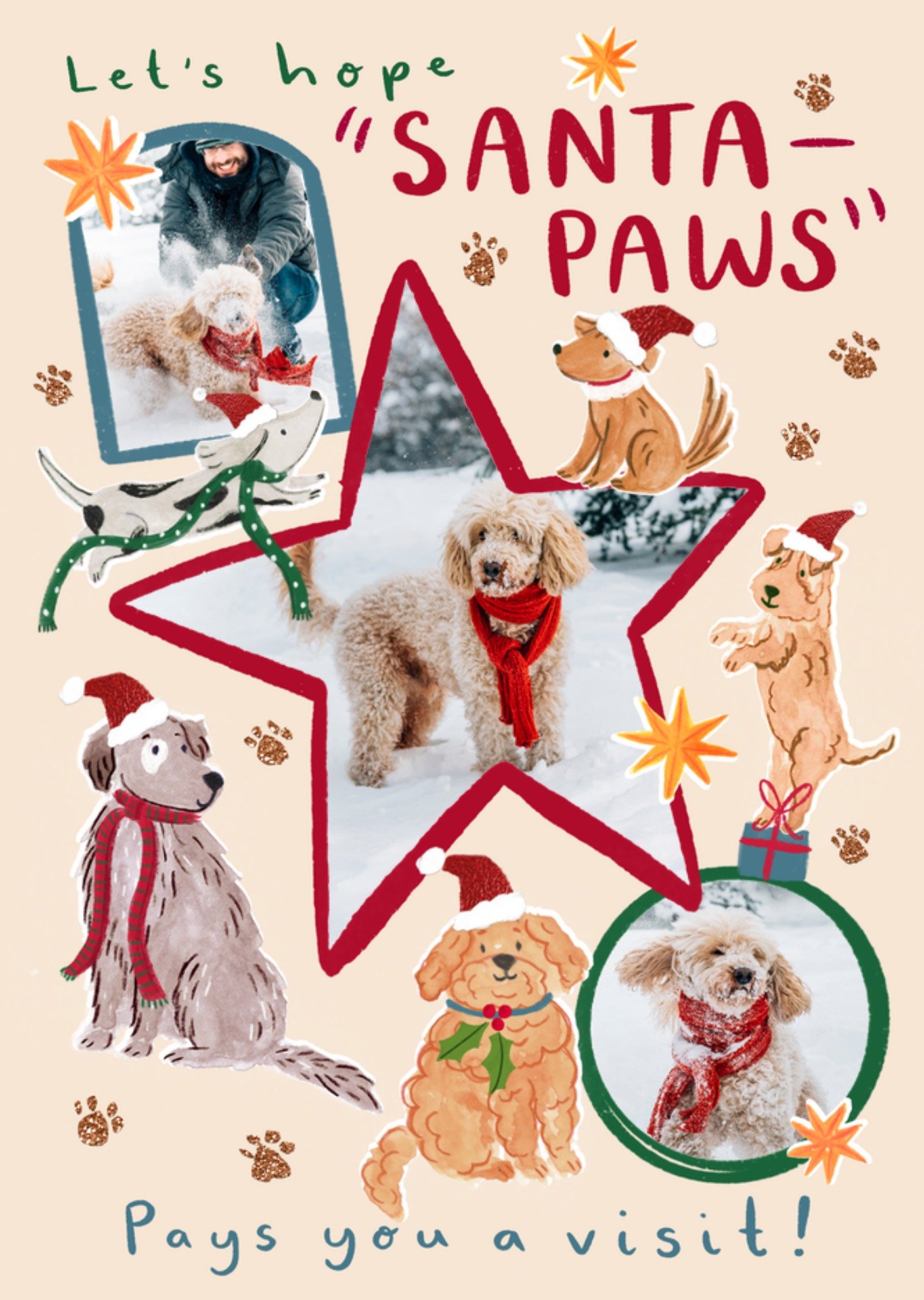 Moonpig Santa Paws Dogs Illustrated Photo Upload Christmas Card
