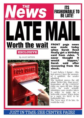 Newspaper Headline Late Mail Personalised Happy Belated Birthday Card