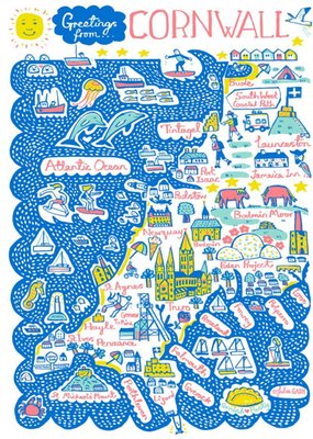 Illustrated Greetings From Cornwall Map Card