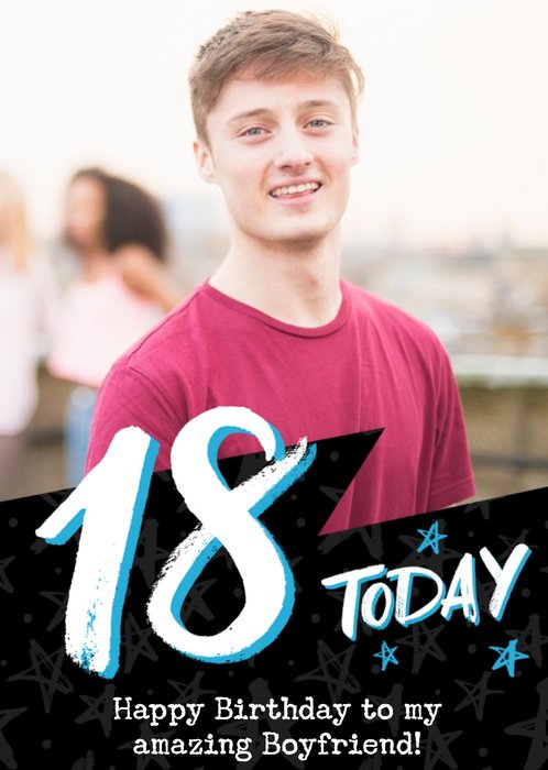 BlackTypographic Photo Upload Boyfriend 18th Birthday Card