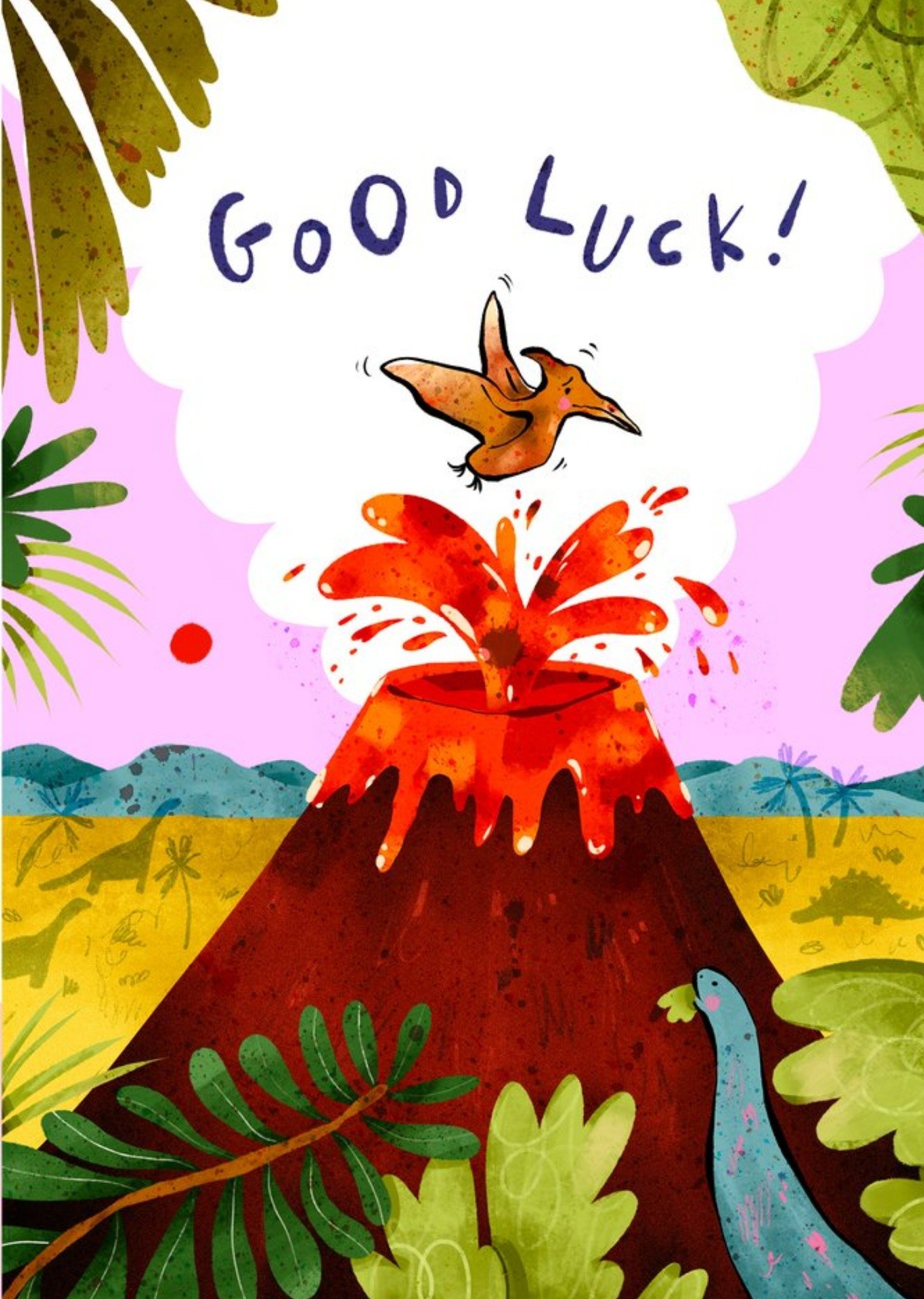 Moonpig Illustrated Pterodactyl Volcano Prehistoric Good Luck Card
